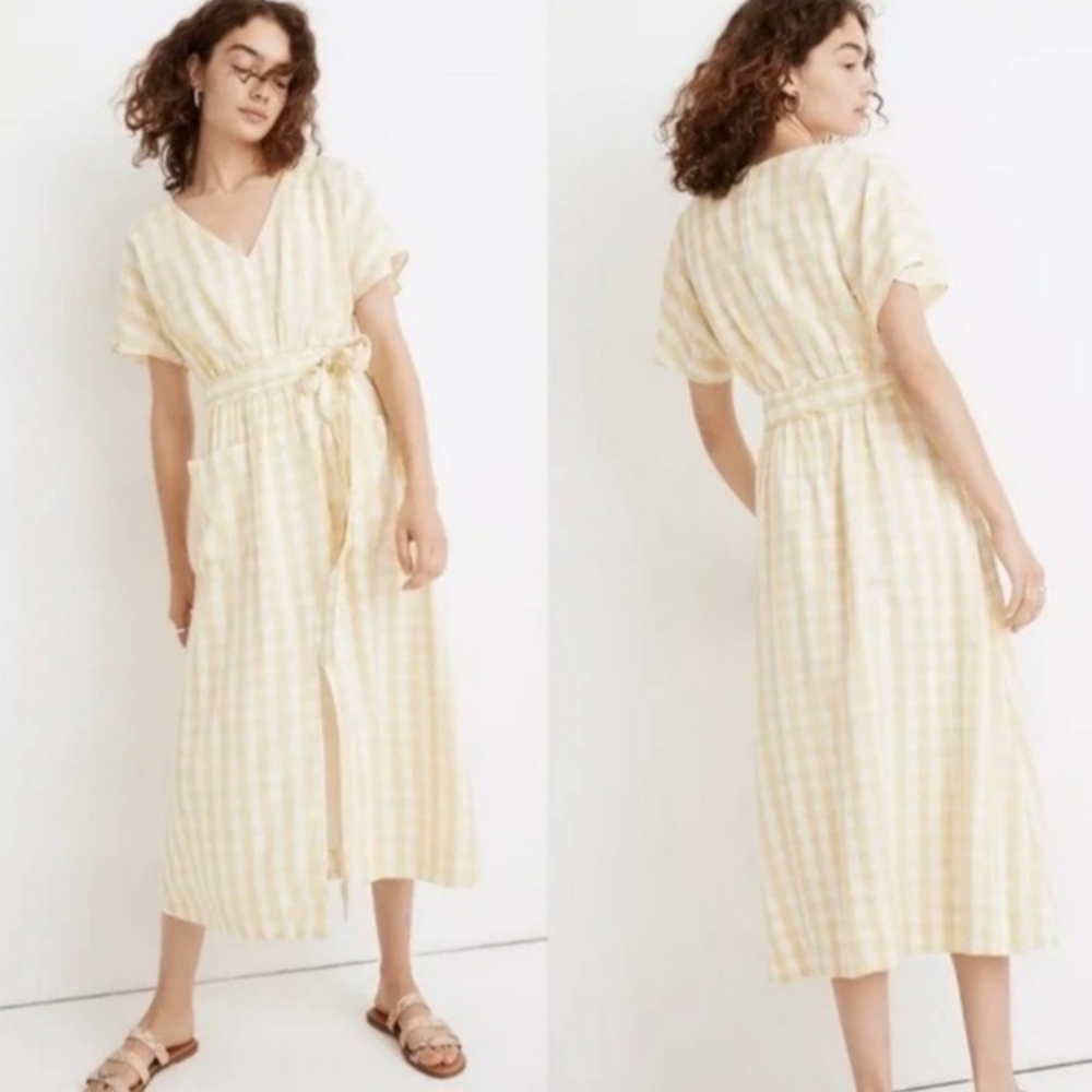 Madewell Yellow and Cream Gingham Tie-Waist Midi Dress